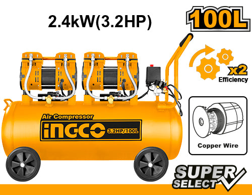 Compresseur silencieux INGCO 100 litres (2 x 1200 W)