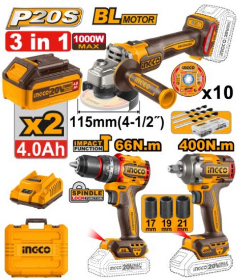 Pack triple INGCO BRUSHLESS 20V pour professionnels (Vesus + Polonos + Lamon)