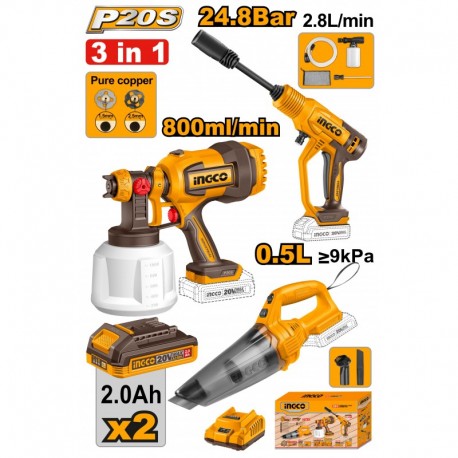 Pack triple professionnel INGCO 20V (Karcher + Aspirateur + Pistolet)