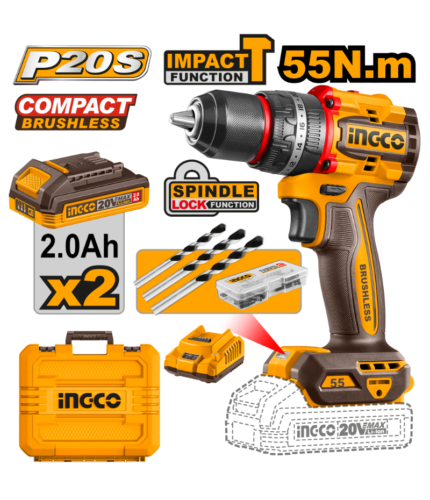 Perceuse-Visseuse à Percussion Brushless 20V INGCO