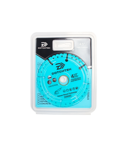 Disque Diamant Bleu DOTCHTEK 115 mm (Vacuum Brazed - Universel) Le disque diamant bleu DOTCHTEK 115 mm utilise la technologie avancée de brasage sous vide (Vacuum Brazed Technology) pour offrir une polyvalence et une longévité exceptionnelles. Conçu pour s'adapter à toutes les meuleuses d'angle standard de $115\text{ mm}$, il permet la découpe rapide, à sec ou à eau, d'une grande variété de matériaux : métal, fer, béton, pierre, maçonnerie et matériaux de construction.