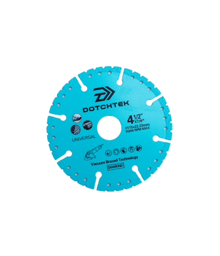 Disque Diamant Bleu DOTCHTEK 115 mm (Vacuum Brazed - Universel) Le disque diamant bleu DOTCHTEK 115 mm utilise la technologie avancée de brasage sous vide (Vacuum Brazed Technology) pour offrir une polyvalence et une longévité exceptionnelles. Conçu pour s'adapter à toutes les meuleuses d'angle standard de $115\text{ mm}$, il permet la découpe rapide, à sec ou à eau, d'une grande variété de matériaux : métal, fer, béton, pierre, maçonnerie et matériaux de construction.