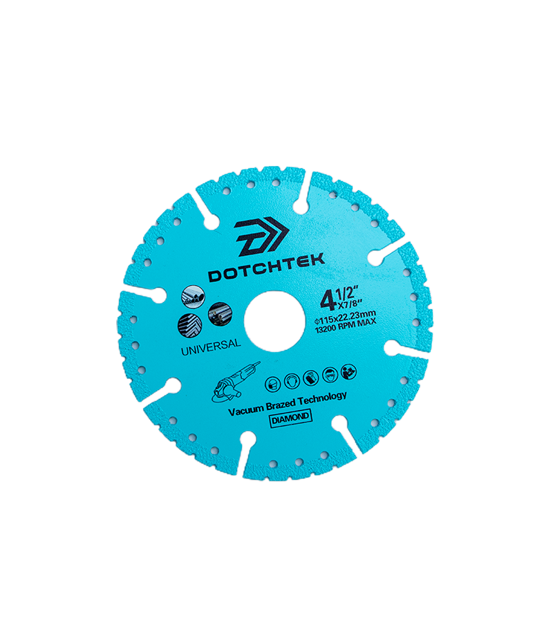 Disque Diamant Bleu DOTCHTEK 115 mm (Vacuum Brazed - Universel) Le disque diamant bleu DOTCHTEK 115 mm utilise la technologie avancée de brasage sous vide (Vacuum Brazed Technology) pour offrir une polyvalence et une longévité exceptionnelles. Conçu pour s'adapter à toutes les meuleuses d'angle standard de $115\text{ mm}$, il permet la découpe rapide, à sec ou à eau, d'une grande variété de matériaux : métal, fer, béton, pierre, maçonnerie et matériaux de construction. Disque Diamant Bleu DOTCHTEK 115 mm (Vacuum Brazed - Universel) Le disque diamant bleu DOTCHTEK 115 mm utilise la technologie avancée de brasage sous vide (Vacuum Brazed Technology) pour offrir une polyvalence et une longévité exceptionnelles. Conçu pour s'adapter à toutes les meuleuses d'angle standard de $115\text{ mm}$, il permet la découpe rapide, à sec ou à eau, d'une grande variété de matériaux : métal, fer, béton, pierre, maçonnerie et matériaux de construction.