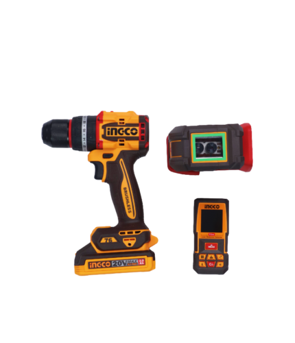 Kit Combo Pro 3 Pièces INGCO 20V Perceuse à Percussion Brushless 76Nm + Niveau Laser Autonivelant + Télémètre Laser 70m