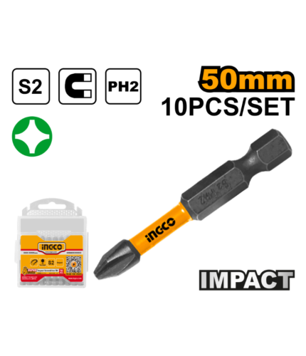 Jeu de 10 Embouts de Vissage à Choc PH2 50 mm INGCO SDBIM11PH223 en Acier S2 avec Boîte de Rangement